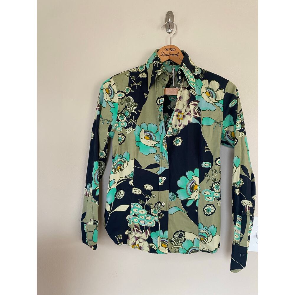 Amazing Etro Milano Italy Green Black Floral Button Down Sz 44